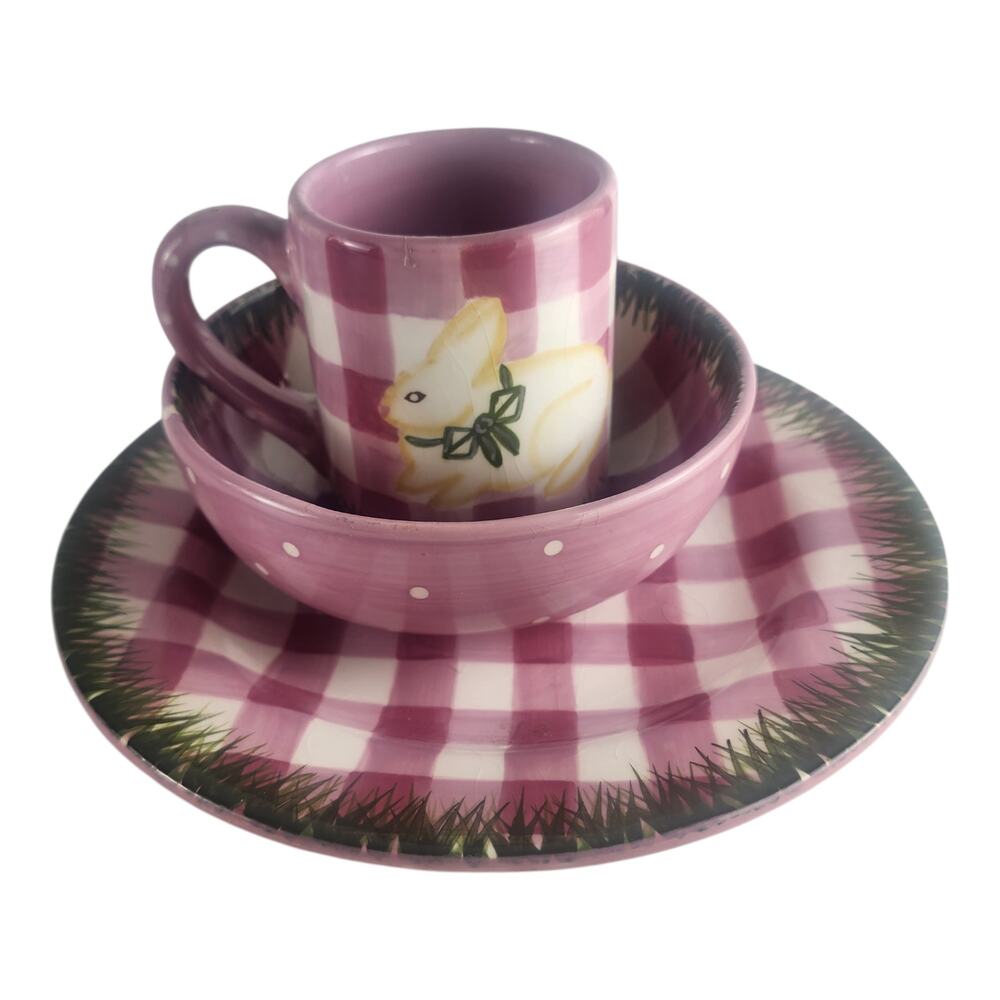 Mainstreet Collection Hand-Painted Plate, Cup & Bowl Easter Bunny Pink White